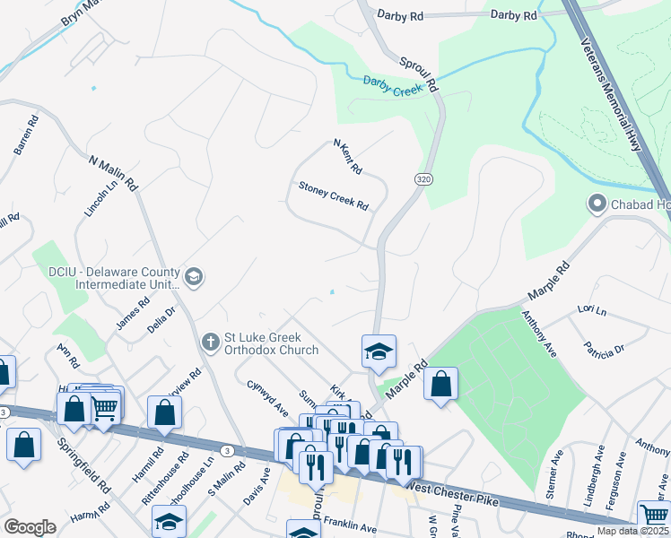 map of restaurants, bars, coffee shops, grocery stores, and more near 17 Fox Lane in Broomall