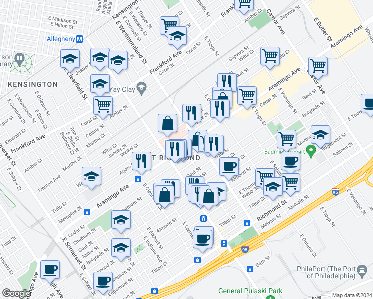 map of restaurants, bars, coffee shops, grocery stores, and more near 3249 Aramingo Avenue in Philadelphia