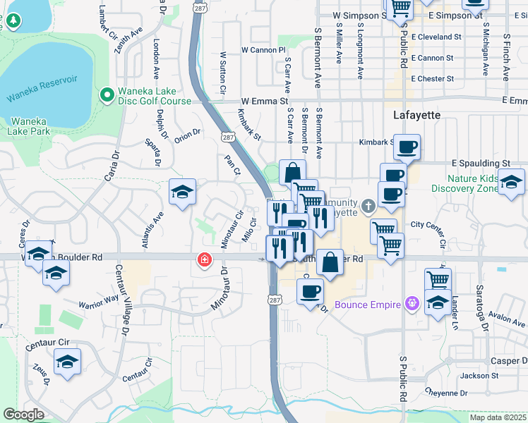 map of restaurants, bars, coffee shops, grocery stores, and more near 1090 Milo Circle in Lafayette
