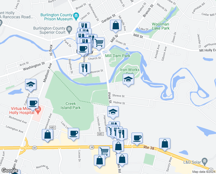 map of restaurants, bars, coffee shops, grocery stores, and more near 129 Pine Street in Mount Holly