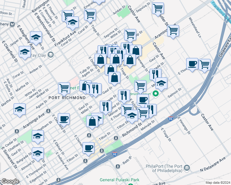 map of restaurants, bars, coffee shops, grocery stores, and more near 2553 East Ontario Street in Philadelphia