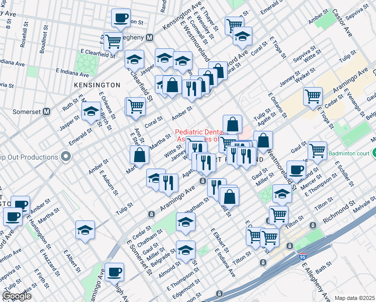 map of restaurants, bars, coffee shops, grocery stores, and more near 3105 Tulip Street in Philadelphia