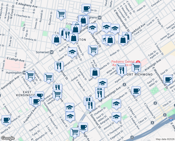 map of restaurants, bars, coffee shops, grocery stores, and more near 2130 East Birch Street in Philadelphia