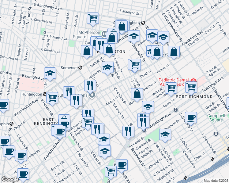 map of restaurants, bars, coffee shops, grocery stores, and more near 2100 East Cambria Street in Philadelphia