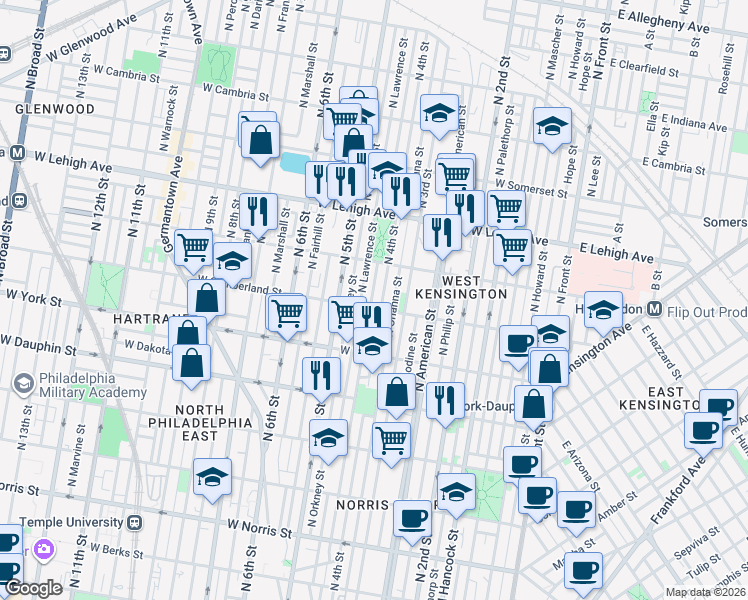 map of restaurants, bars, coffee shops, grocery stores, and more near 2453 North Leithgow Street in Philadelphia