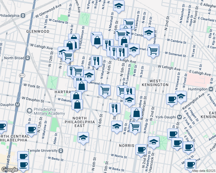 map of restaurants, bars, coffee shops, grocery stores, and more near 2428 North Fairhill Street in Philadelphia