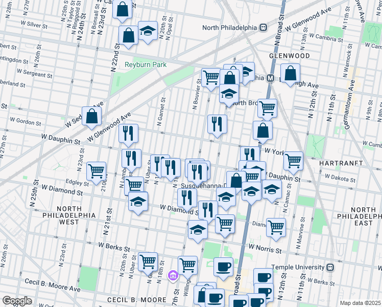 map of restaurants, bars, coffee shops, grocery stores, and more near 2268 North Bouvier Street in Philadelphia