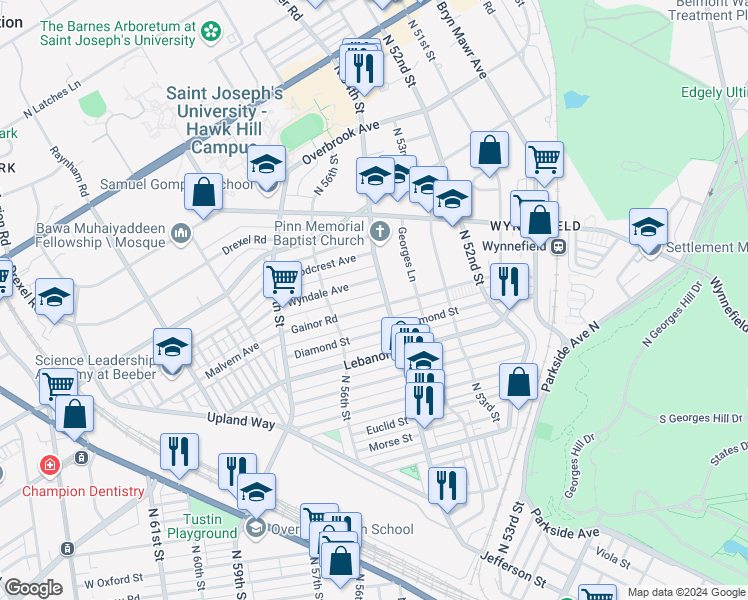 map of restaurants, bars, coffee shops, grocery stores, and more near 5420 Gainor Road in Philadelphia