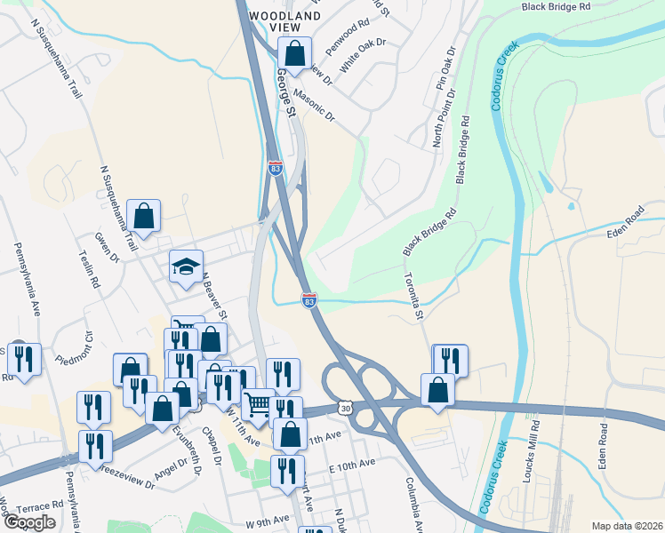 map of restaurants, bars, coffee shops, grocery stores, and more near 279 Point Circle in York