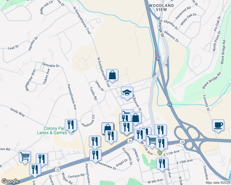 map of restaurants, bars, coffee shops, grocery stores, and more near 2000 North Susquehanna Trail in York