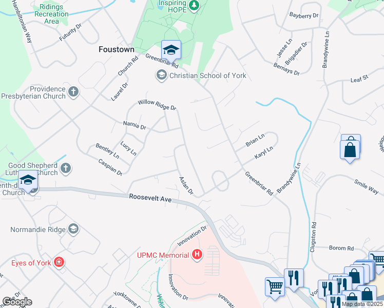 map of restaurants, bars, coffee shops, grocery stores, and more near 757 Willow Ridge Drive in York