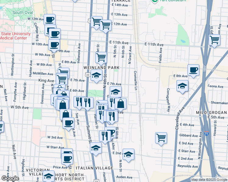 map of restaurants, bars, coffee shops, grocery stores, and more near 1246 North 5th Street in Columbus