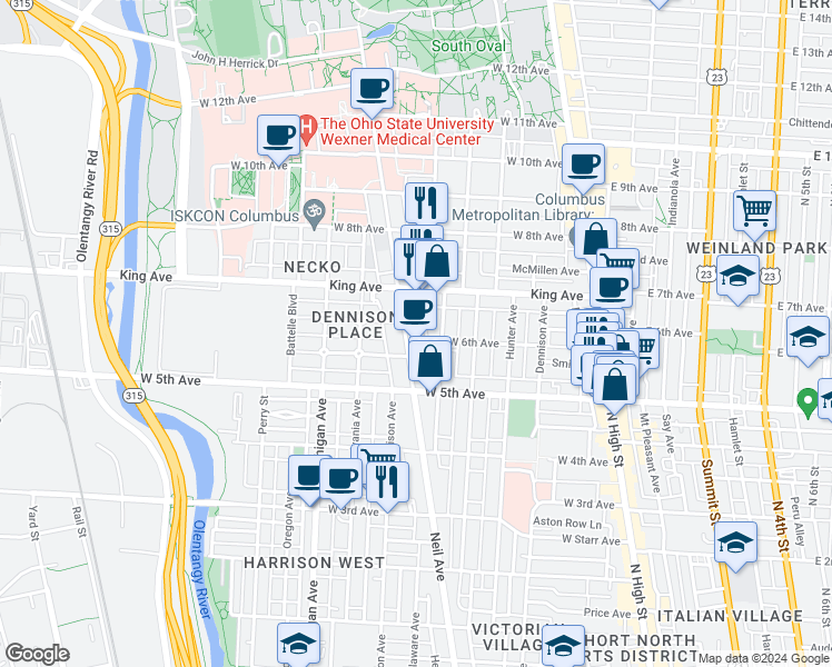 map of restaurants, bars, coffee shops, grocery stores, and more near 1322 Neil Avenue in Columbus