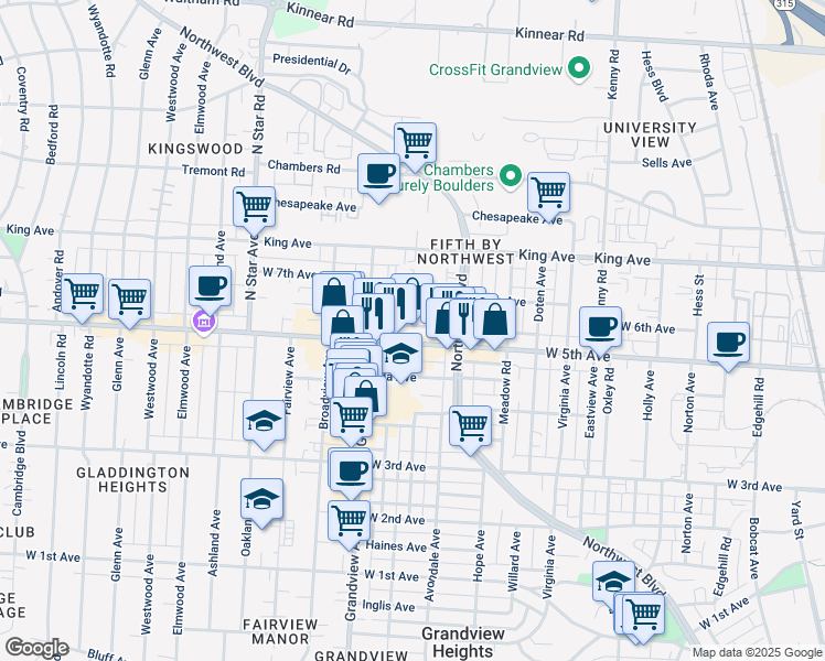 map of restaurants, bars, coffee shops, grocery stores, and more near 1349 West 5th Avenue in Columbus