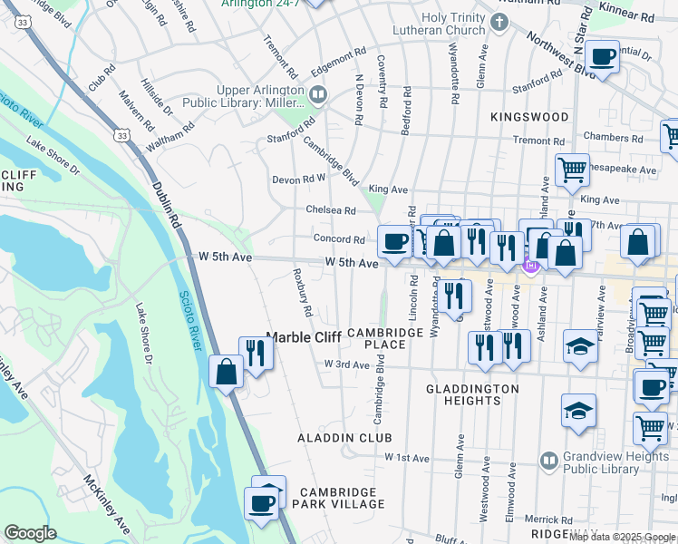 map of restaurants, bars, coffee shops, grocery stores, and more near 1594 Arlington Avenue in Marble Cliff