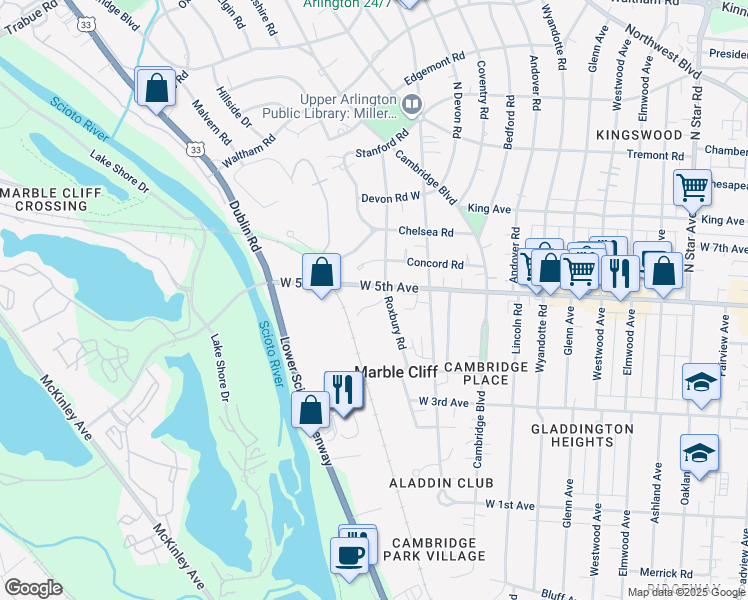 map of restaurants, bars, coffee shops, grocery stores, and more near 1599 Roxbury Road in Marble Cliff