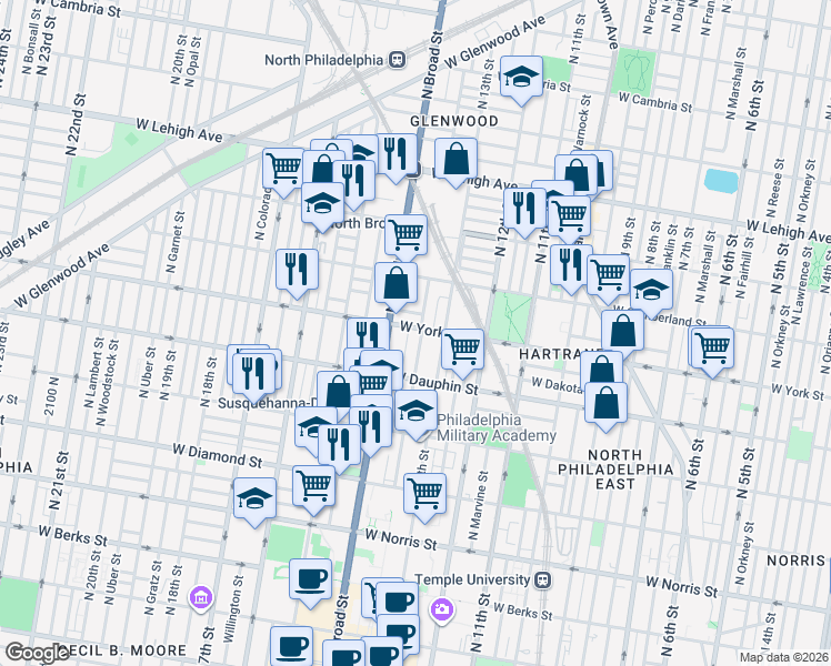 map of restaurants, bars, coffee shops, grocery stores, and more near 2356 North Park Avenue in Philadelphia