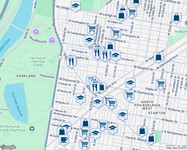map of restaurants, bars, coffee shops, grocery stores, and more near 2913 French Street in Philadelphia
