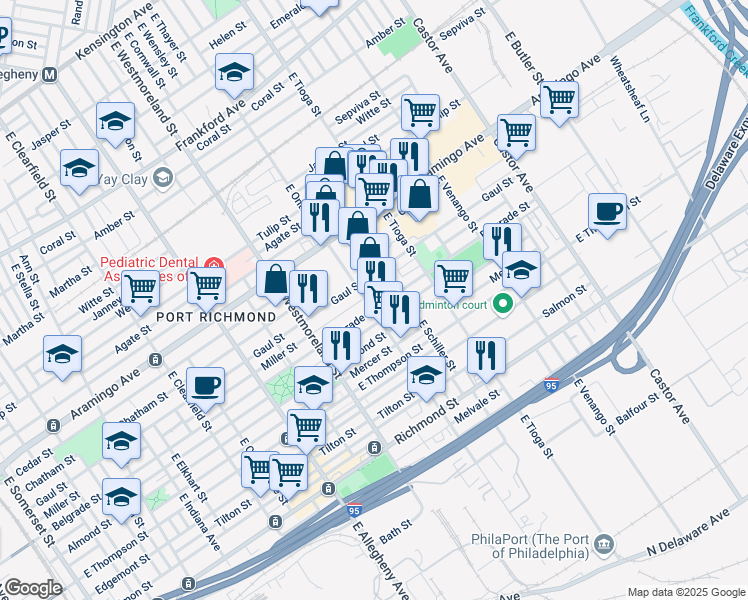 map of restaurants, bars, coffee shops, grocery stores, and more near 2553 East Ontario Street in Philadelphia