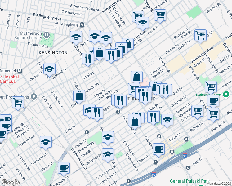 map of restaurants, bars, coffee shops, grocery stores, and more near 3131 Weikel Street in Philadelphia