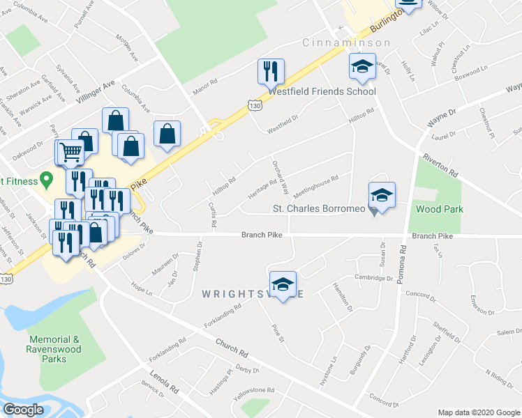map of restaurants, bars, coffee shops, grocery stores, and more near 705 Windsor Drive in Cinnaminson
