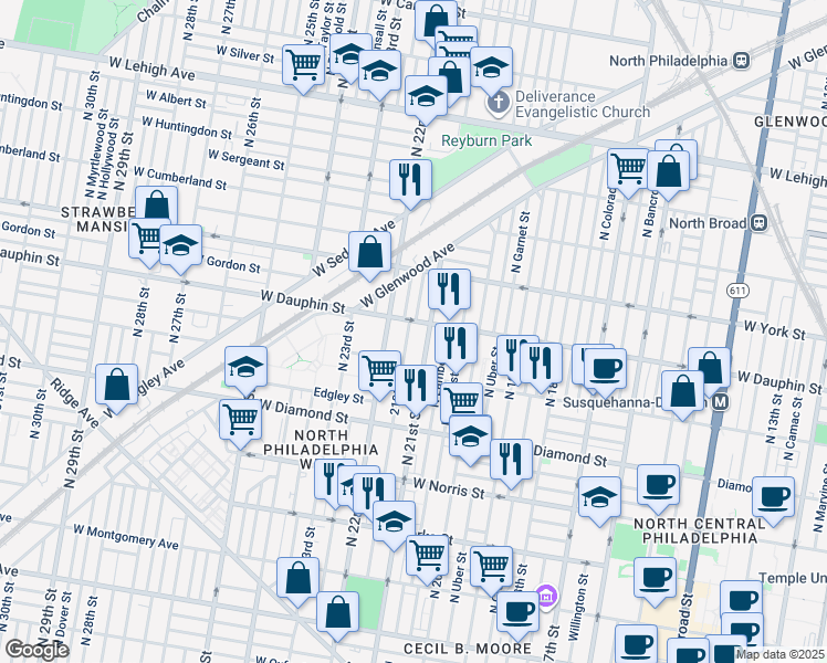 map of restaurants, bars, coffee shops, grocery stores, and more near 2257 North Van Pelt Street in Philadelphia