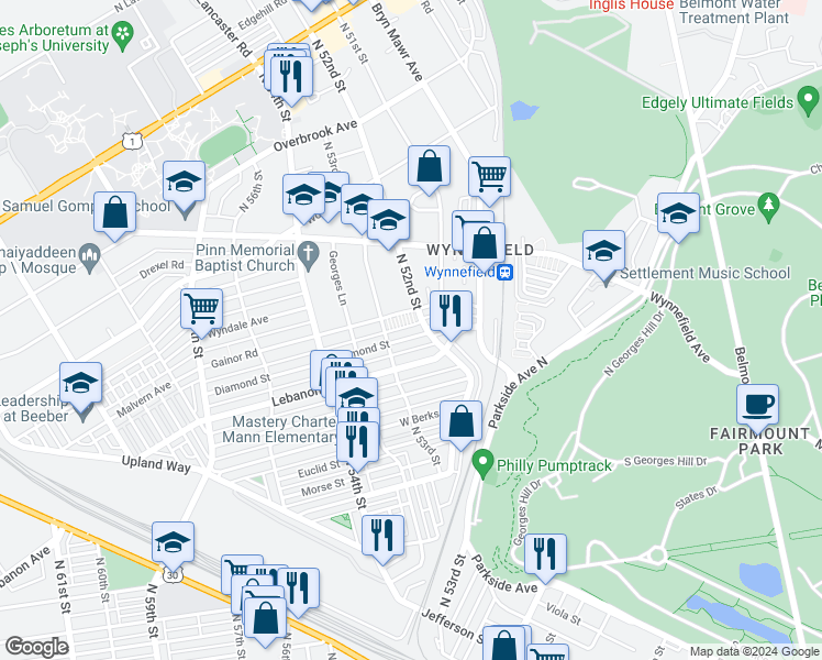 map of restaurants, bars, coffee shops, grocery stores, and more near 5215 Diamond Street in Philadelphia