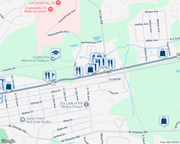 map of restaurants, bars, coffee shops, grocery stores, and more near 4 Toth Avenue in Coatesville