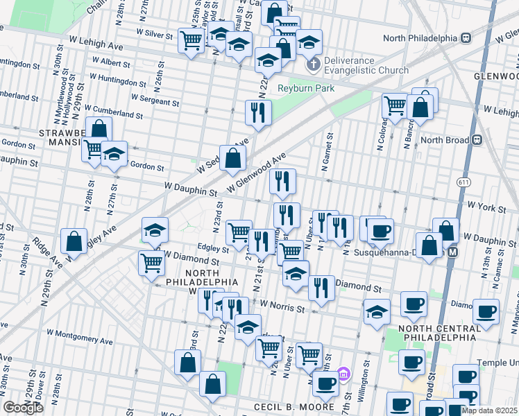 map of restaurants, bars, coffee shops, grocery stores, and more near 2257 North Van Pelt Street in Philadelphia