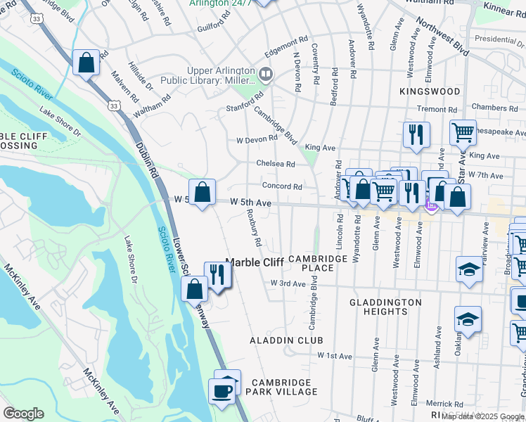 map of restaurants, bars, coffee shops, grocery stores, and more near 1593 Arlington Avenue in Marble Cliff