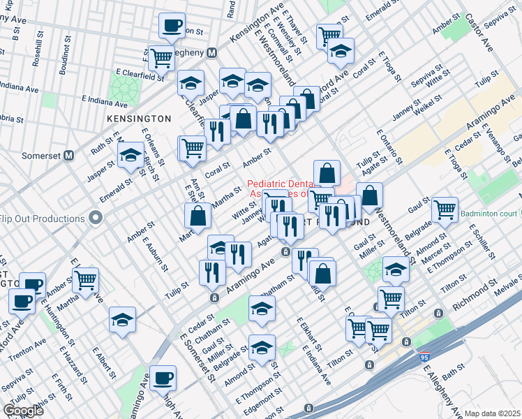 map of restaurants, bars, coffee shops, grocery stores, and more near E Clearfield St & Janney St in Philadelphia