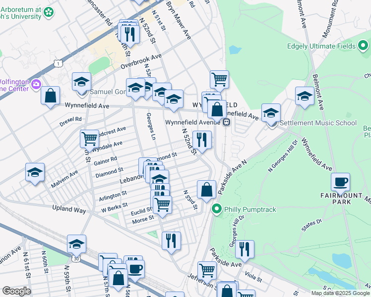 map of restaurants, bars, coffee shops, grocery stores, and more near 5211 Diamond Street in Philadelphia