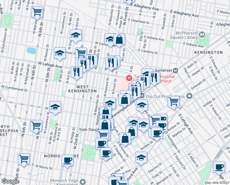 map of restaurants, bars, coffee shops, grocery stores, and more near 2559 North Front Street in Philadelphia