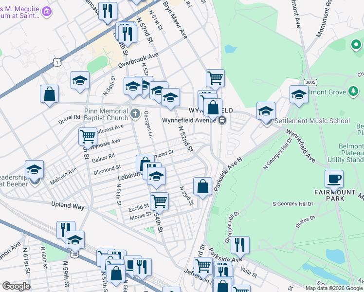 map of restaurants, bars, coffee shops, grocery stores, and more near 5234 Diamond Street in Philadelphia