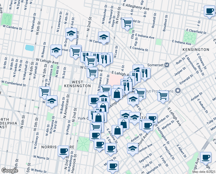 map of restaurants, bars, coffee shops, grocery stores, and more near 2559 North Front Street in Philadelphia