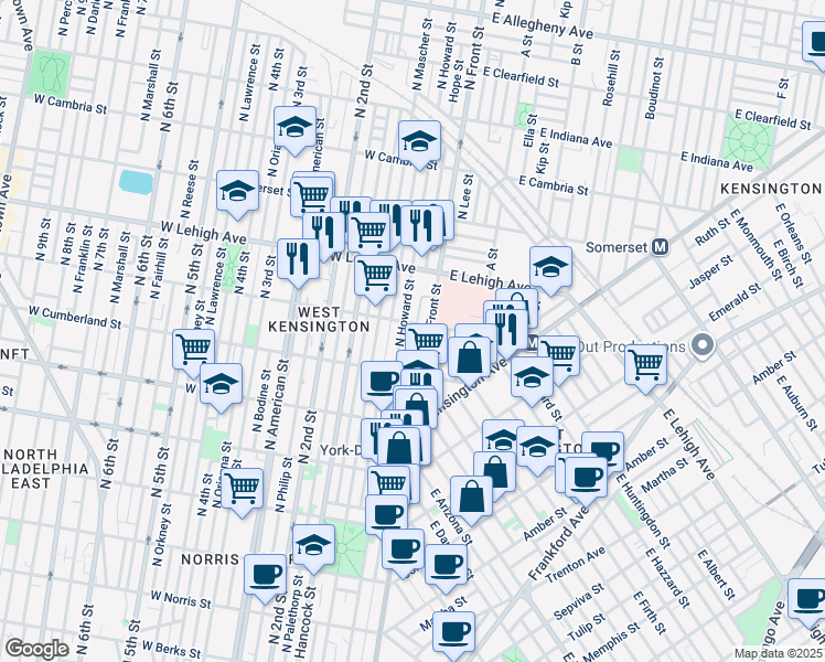 map of restaurants, bars, coffee shops, grocery stores, and more near 2568 Hope Street in Philadelphia