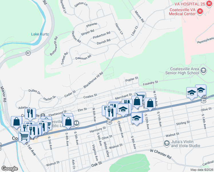 map of restaurants, bars, coffee shops, grocery stores, and more near 708 Coates Street in Coatesville