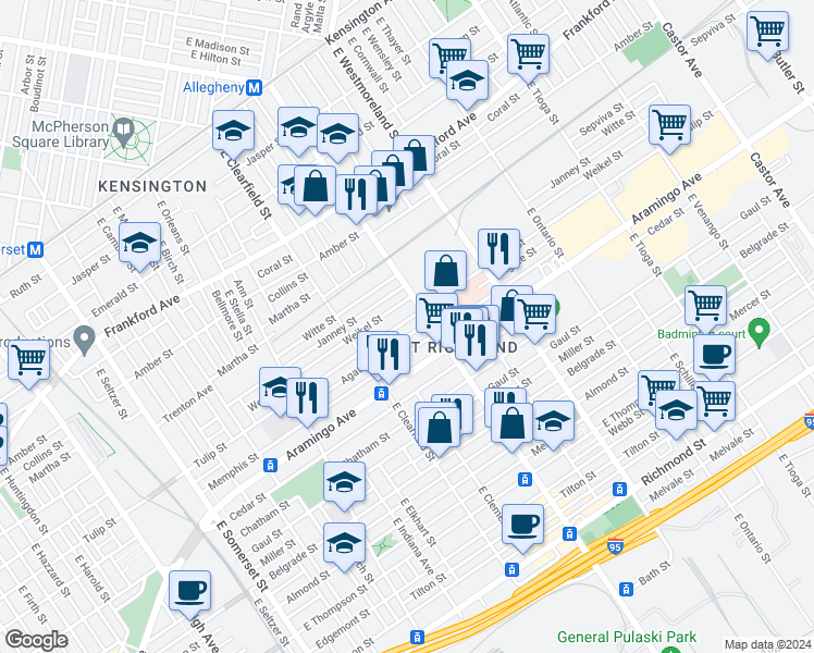 map of restaurants, bars, coffee shops, grocery stores, and more near 3173 Tulip Street in Philadelphia