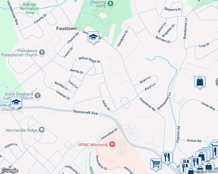 map of restaurants, bars, coffee shops, grocery stores, and more near 757 Willow Ridge Drive in York