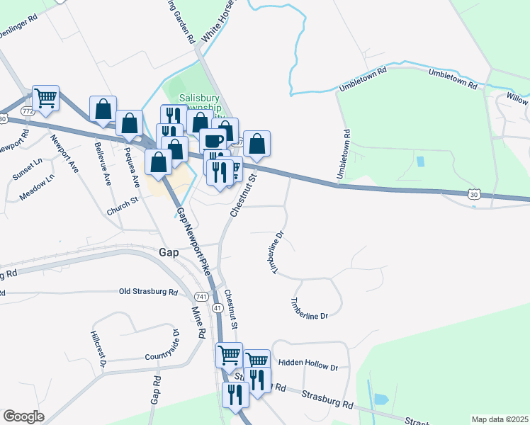 map of restaurants, bars, coffee shops, grocery stores, and more near 5408 Valley View Drive in Gap