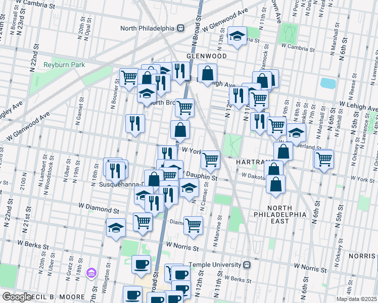 map of restaurants, bars, coffee shops, grocery stores, and more near 2358 North Park Avenue in Philadelphia