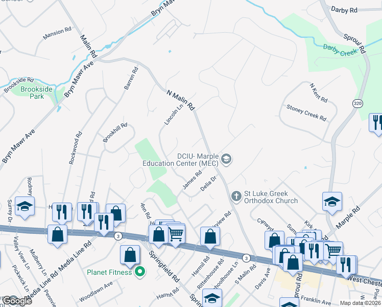 map of restaurants, bars, coffee shops, grocery stores, and more near 57 Sonia Lane in Broomall