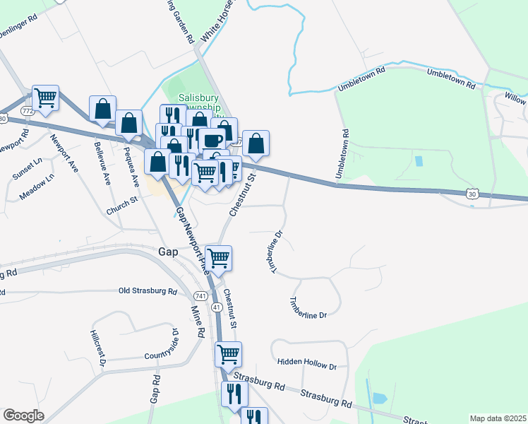 map of restaurants, bars, coffee shops, grocery stores, and more near 5408 Valley View Drive in Gap