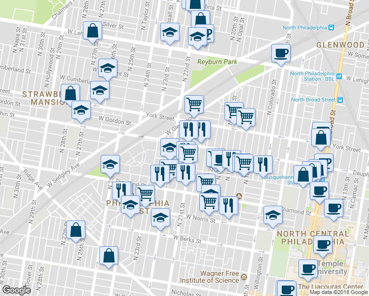 map of restaurants, bars, coffee shops, grocery stores, and more near 2259 North Van Pelt Street in Philadelphia