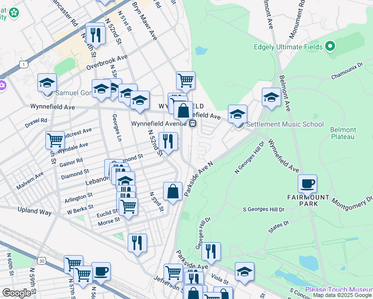 map of restaurants, bars, coffee shops, grocery stores, and more near 1952 Bryn Mawr Avenue in Philadelphia