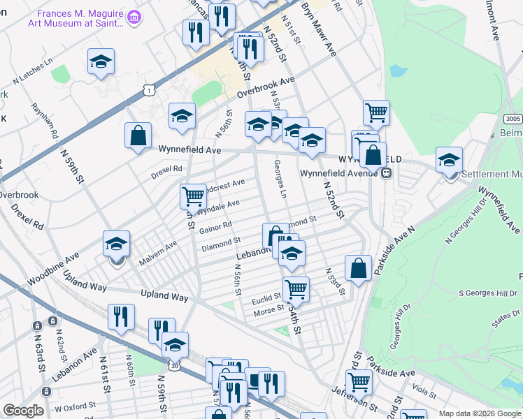 map of restaurants, bars, coffee shops, grocery stores, and more near 5361 Diamond Street in Philadelphia