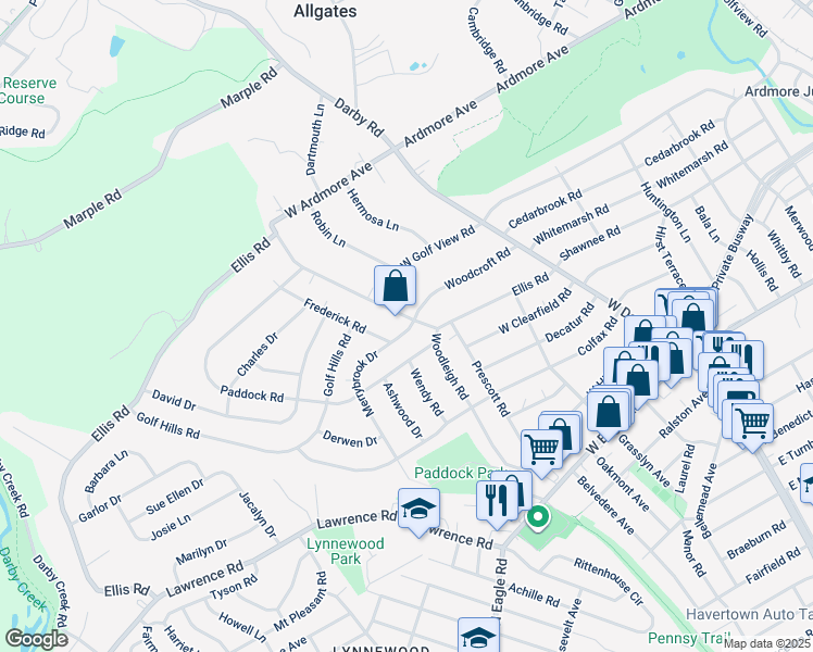 map of restaurants, bars, coffee shops, grocery stores, and more near 201 Ellis Road in Havertown