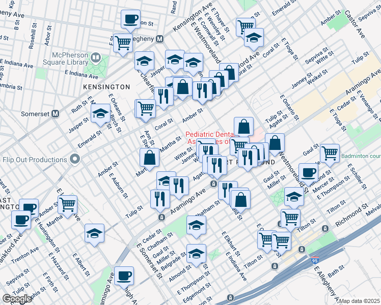 map of restaurants, bars, coffee shops, grocery stores, and more near 3093 Witte Street in Philadelphia