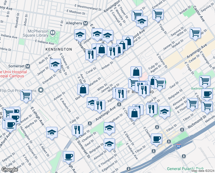 map of restaurants, bars, coffee shops, grocery stores, and more near 2230 East Clearfield Street in Philadelphia