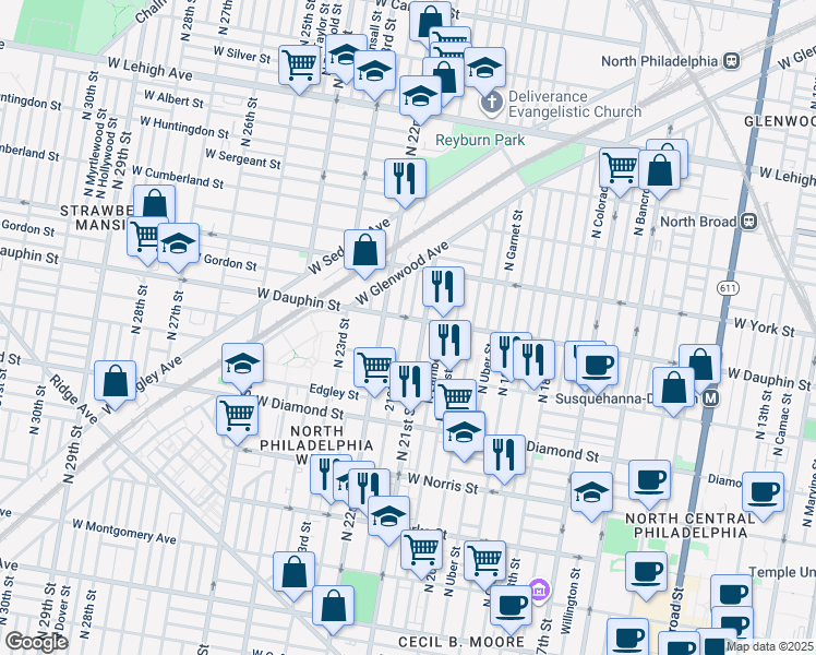 map of restaurants, bars, coffee shops, grocery stores, and more near 2259 North Van Pelt Street in Philadelphia